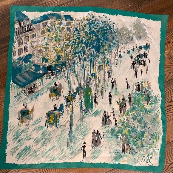 Vintage 26” x 26” Green Vintage Abstract Art City People Scenic View scarf - Picture 8 of 11